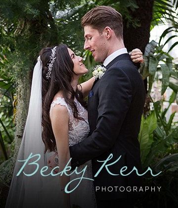 Photograph of a bride and groom on their wedding day with the Becky Kerr Logo