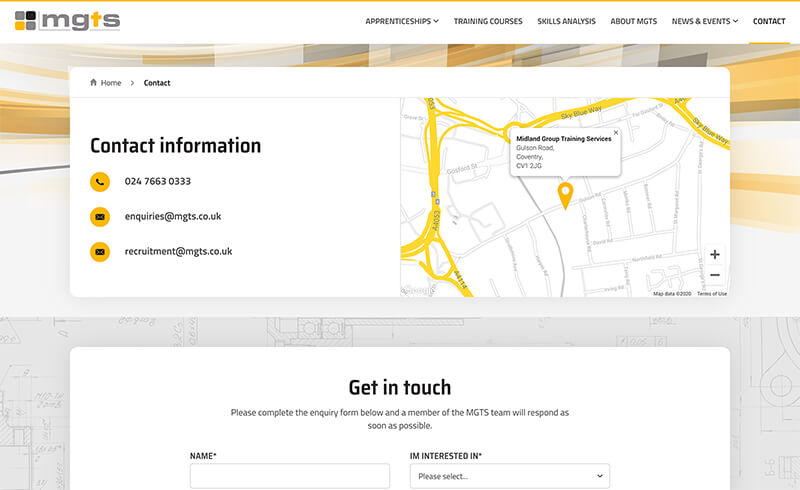 Screenshot of the MGTS contact page