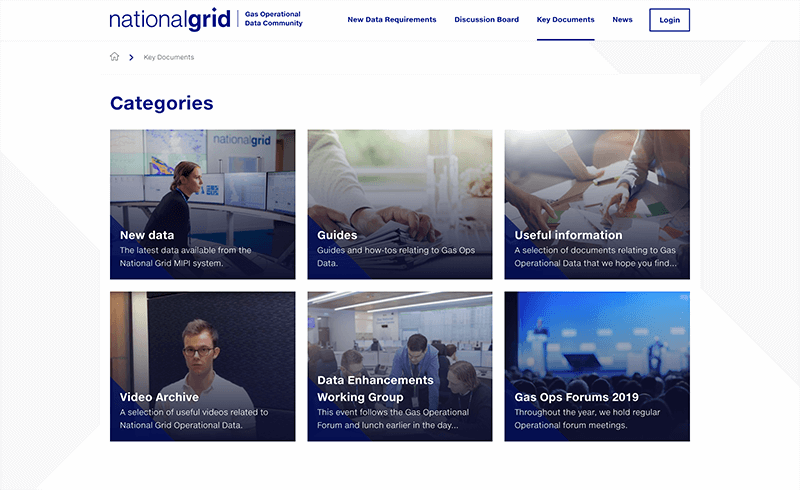 Screenshot of the National Grid Data Community key documents categories