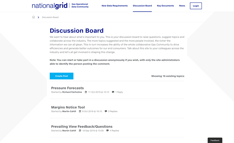 Screenshot of the National Grid Data Community discussion board