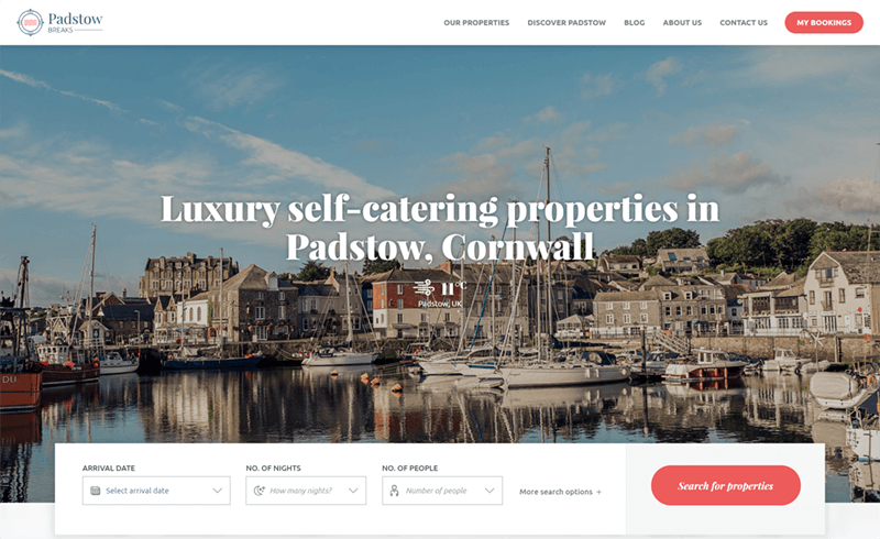 Screenshot of the homepage on Padstow Breaks