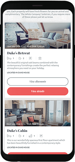 Mobile view of the properties page on Padstow Breaks