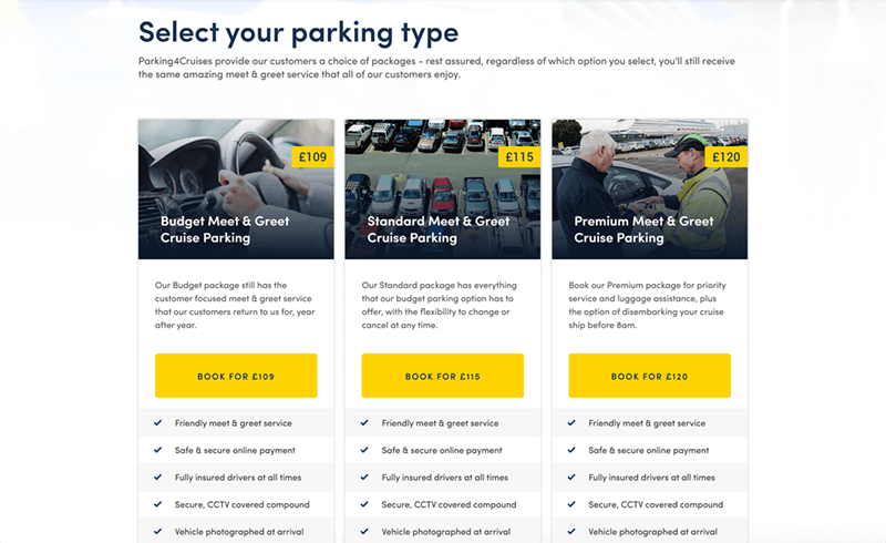 Screenshot of the Parking4Cruises select your parking type
