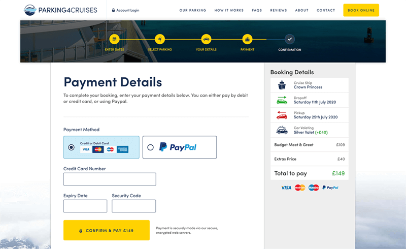Screenshot of the Parking4Cruises payment details form