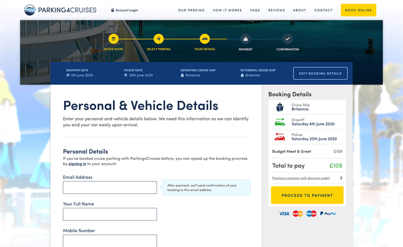 Screenshot of the Parking4Cruises personal and vehicle details form