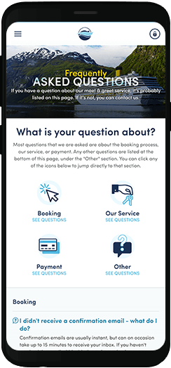 Parking4Cruises faqs on a mobile device