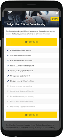 Parking4Cruises booking option in a modal on a mobile device