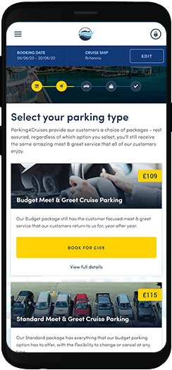 Parking4Cruises select your parking type on a mobile device