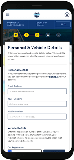 Parking4Cruises personal details form on a mobile device