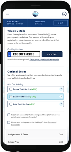 Parking4Cruises vehicle details form on a mobile device