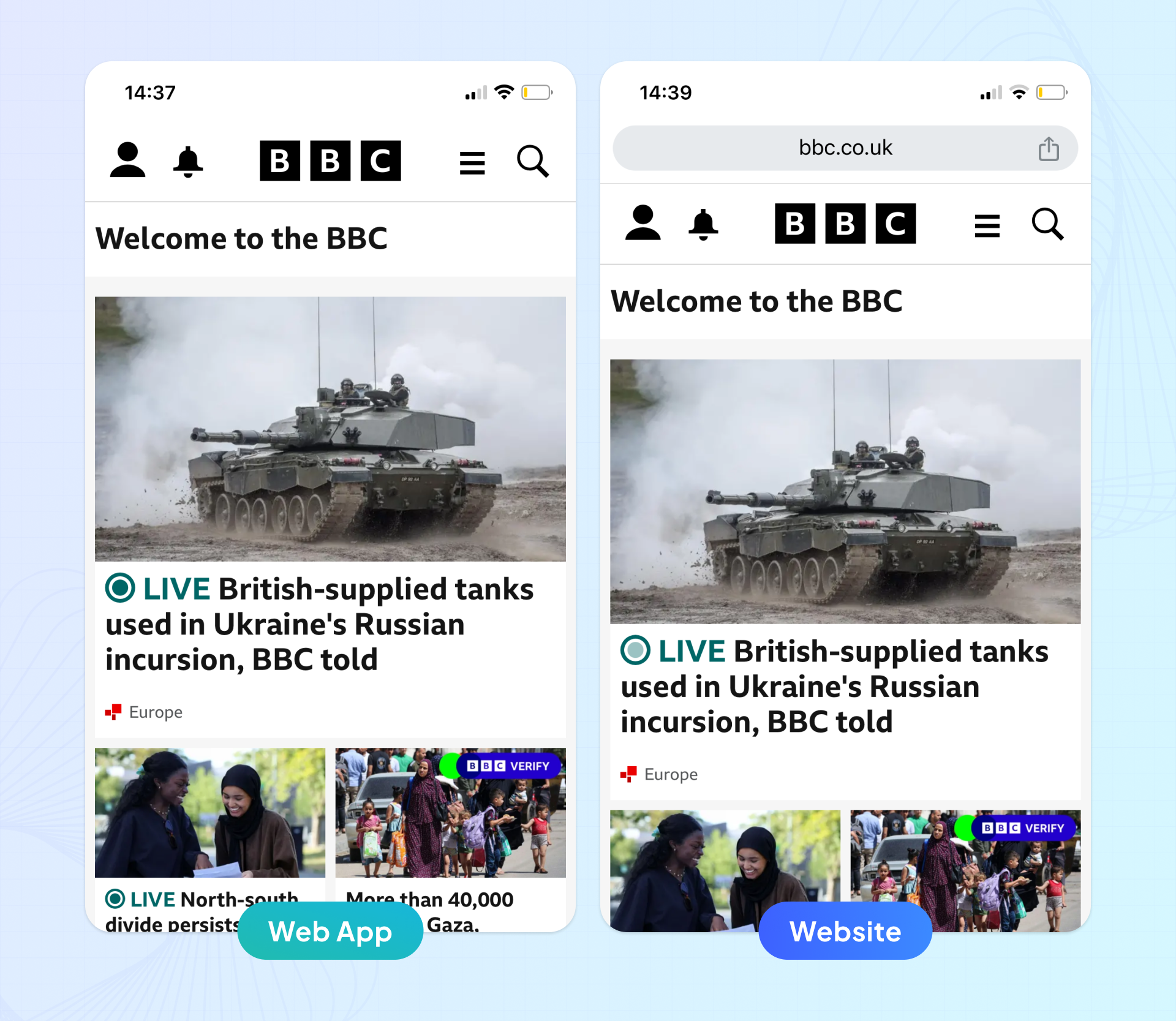 screenshots of BBC web app and website